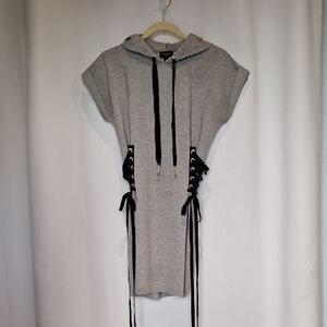 True Religion Gray Hooded Short Sleeve Lace-Up Dress with Black Accents Size S